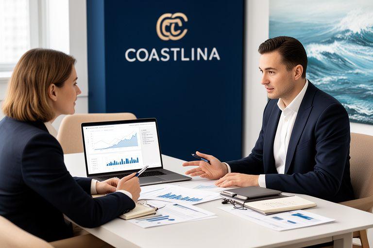 Doradca Coastlina omawiający z klientem dopasowaną strategię inwestycyjną przy stole z analizą portfela